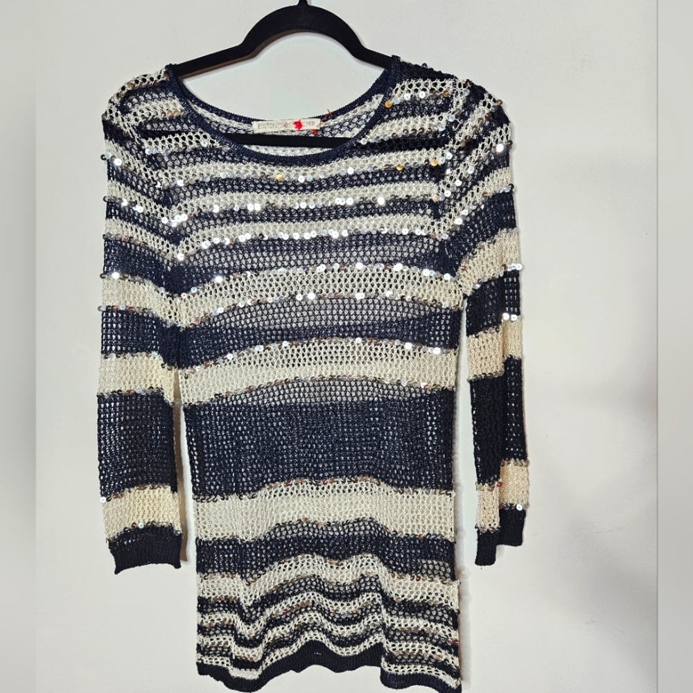 Boston Proper Striped Sequin Sweater Navy Cream‎ Crochet Knit Womens Small